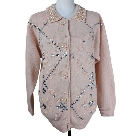 VTG Shannan Embellished Pink Cardigan Sweater Sz M Angora Blend Pearl Grannycore - Picture 1 of 11